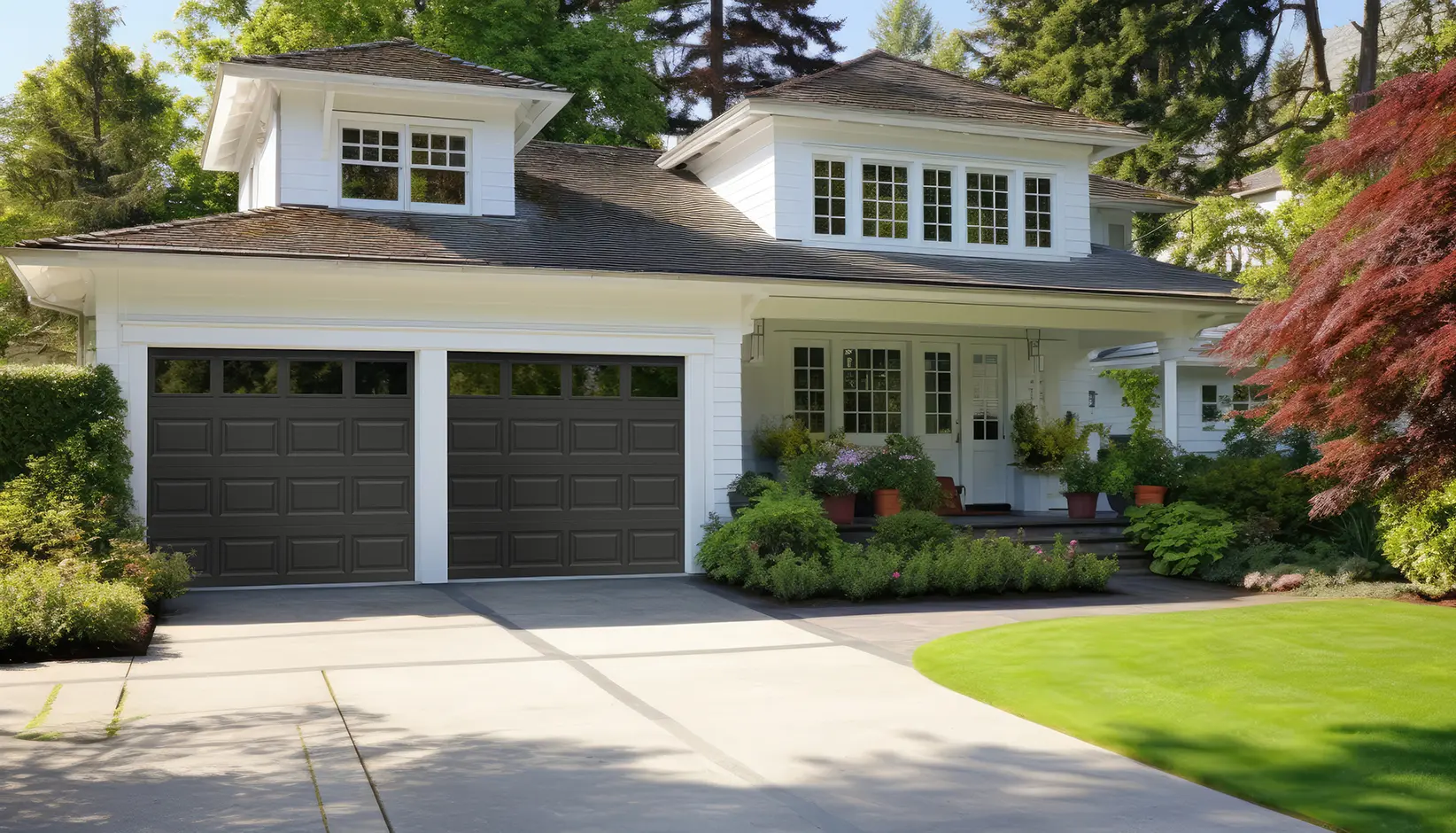 Classic Steel garage door with traditional short panels and plain short windows in Iron Ore